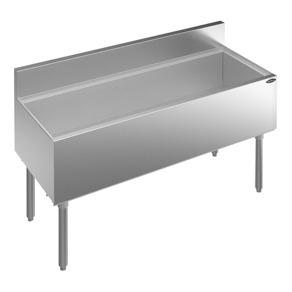 A stainless steel Krowne Royal Series underbar ice bin with a rectangular bottom.