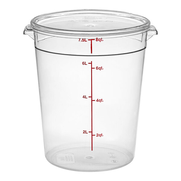 A clear Choice polycarbonate food storage container with measurements on it.