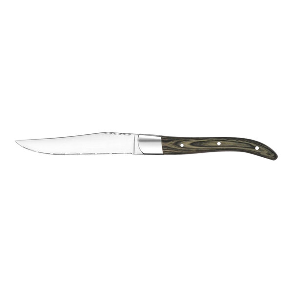 An Amefa Royal steak knife with an olive green pakkawood handle and a serrated edge.