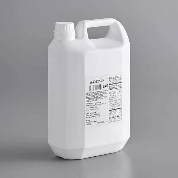 A white plastic container of Fanale Mango Concentrated Syrup with a handle and a label.