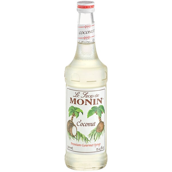 A Monin Coconut Flavoring Syrup bottle.