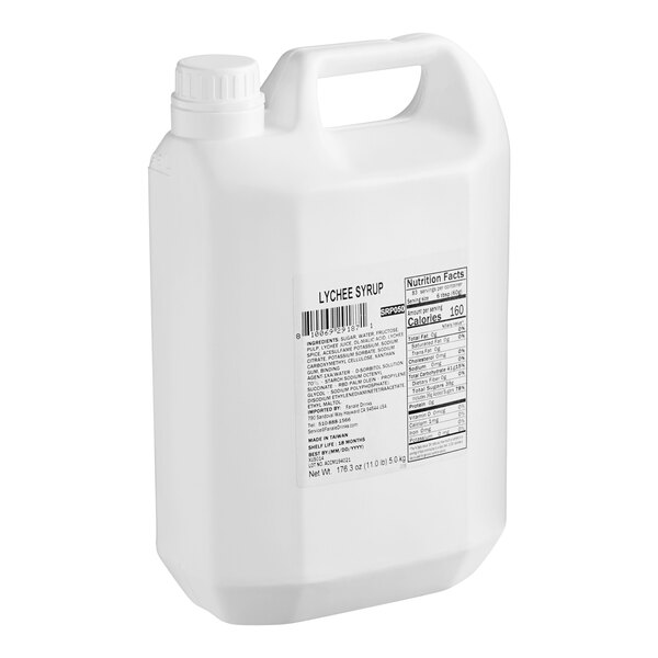 A white plastic container of Fanale Lychee Concentrated Syrup with a label.