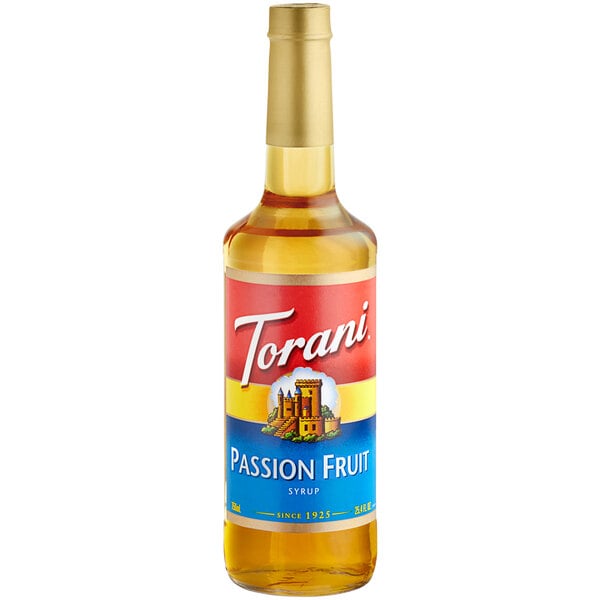 A Torani passion fruit syrup bottle with a label.