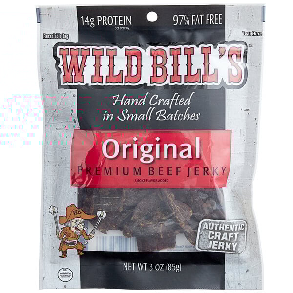 A case of 36 Wild Bill's 3 oz. packages of hickory smoked tender tips beef jerky.