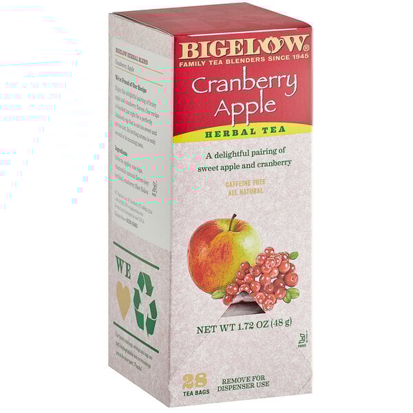 A white box of Bigelow Cranberry Apple Tea with a picture of fruit on it.
