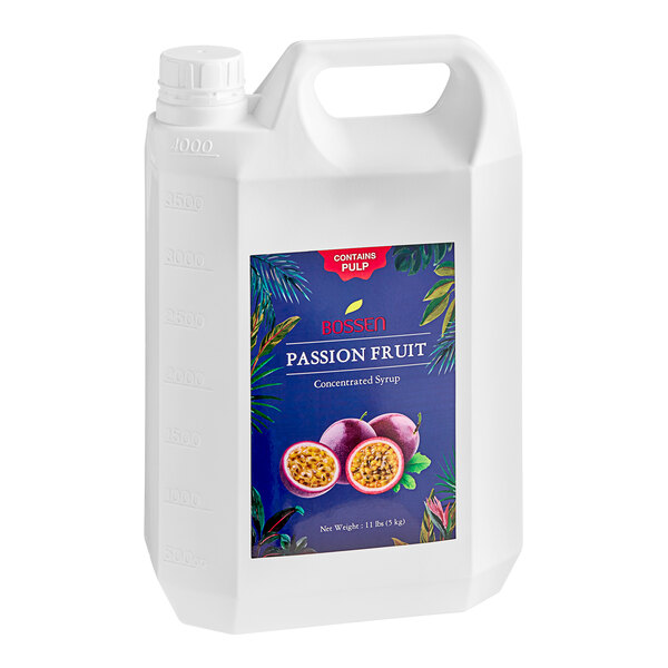 A white jug of Bossen Passion Fruit Concentrated Syrup with Pulp.