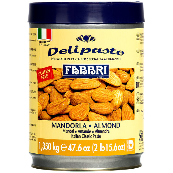 A can of Fabbri Almond Delipaste with a label.