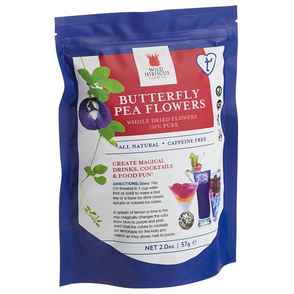 A white and blue bag of Wild Hibiscus Whole Dried Butterfly Pea Flowers with a label.