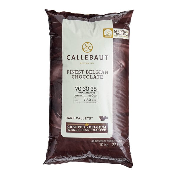 A white package of Callebaut dark chocolate callets with black text and a yellow logo.