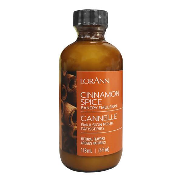 A close up of a brown bottle of LorAnn Oils Cinnamon Spice Bakery Emulsion.
