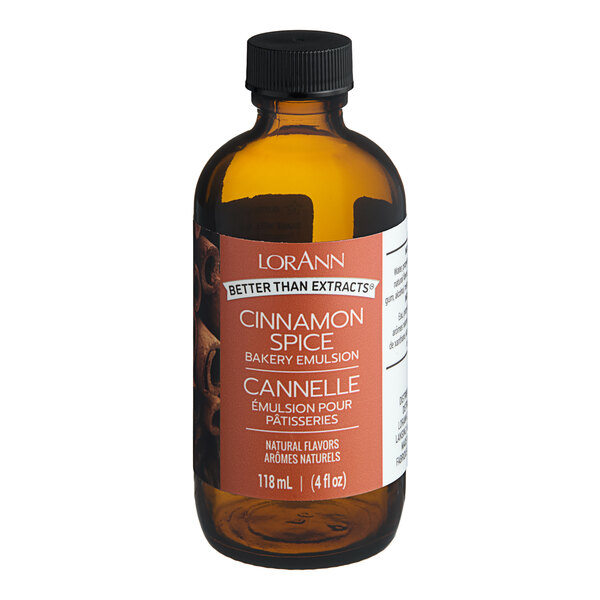 A 4 fl. oz. amber bottle of LorAnn Oils Cinnamon Spice Bakery Emulsion.