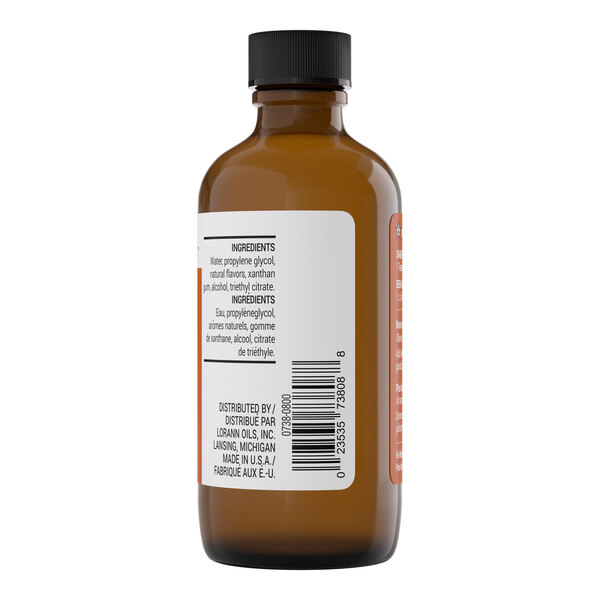 A brown bottle of LorAnn Oils 4 fl. oz. Cinnamon Spice Bakery Emulsion with a black cap and ingredient label.