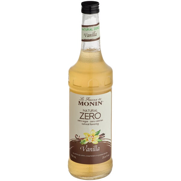 A bottle of Monin Zero Calorie Natural Vanilla Flavoring Syrup with a white label.