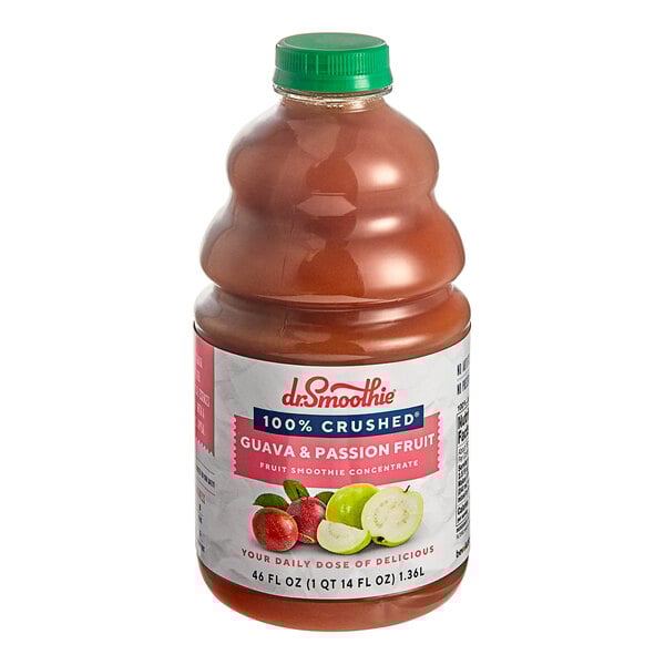 A bottle of Dr. Smoothie Guava Passion Fruit smoothie mix with a green cap and label.