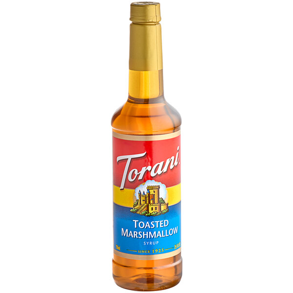 A Torani Toasted Marshmallow Flavoring Syrup 750 mL plastic bottle with a label.
