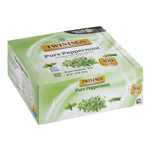 A box of Twinings Pure Peppermint Herbal Tea Bags on a white background.