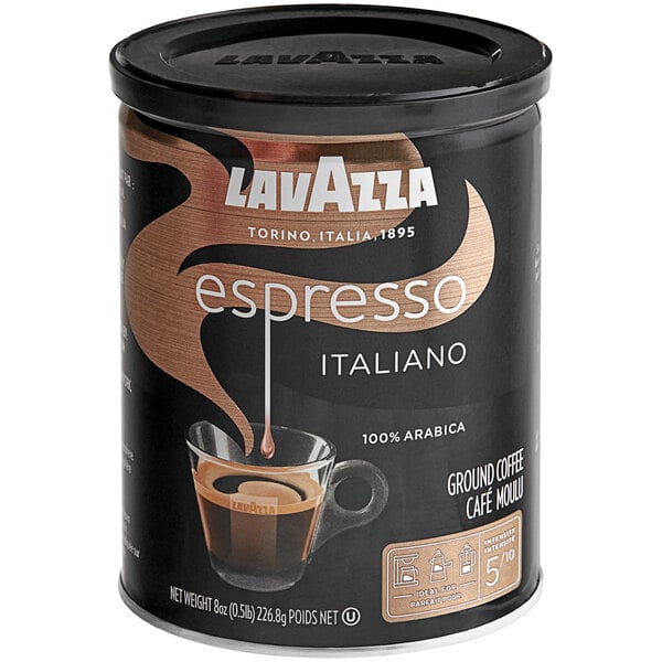 A can of Lavazza Espresso Italiano ground espresso with a black lid and a picture of a cup of coffee.