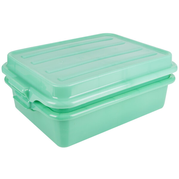 A Vollrath green plastic food storage drain box with a snap-on lid.