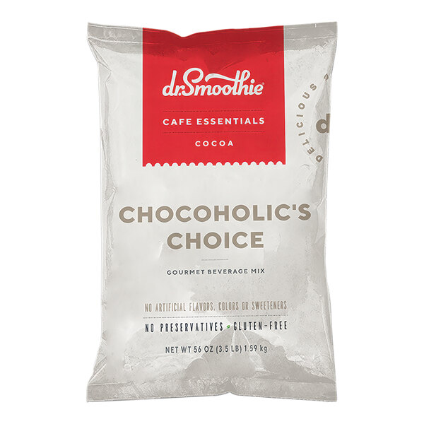 A white bag of Dr. Smoothie Cafe Essentials Chocoholic's Choice beverage mix with red and white text.