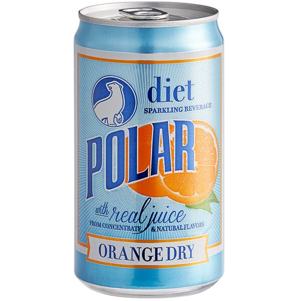 A close up of a Polar Diet Orange Dry soda can.
