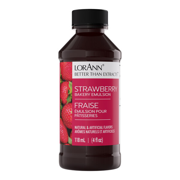 A 4 fl. oz. bottle of LorAnn Oils Strawberry Bakery Emulsion.