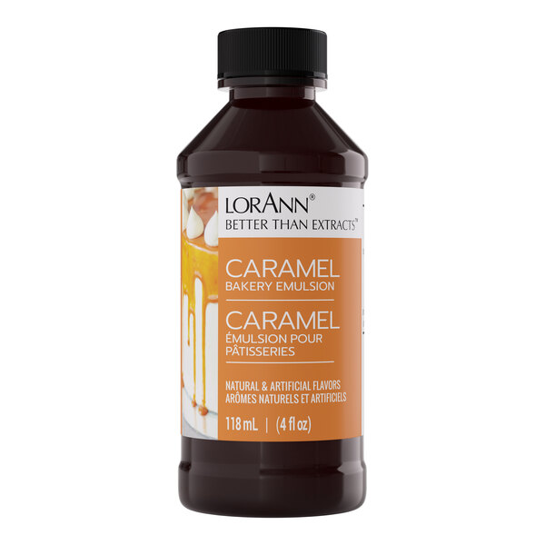 A 4 fl. oz. bottle of LorAnn Oils Caramel Bakery Emulsion.