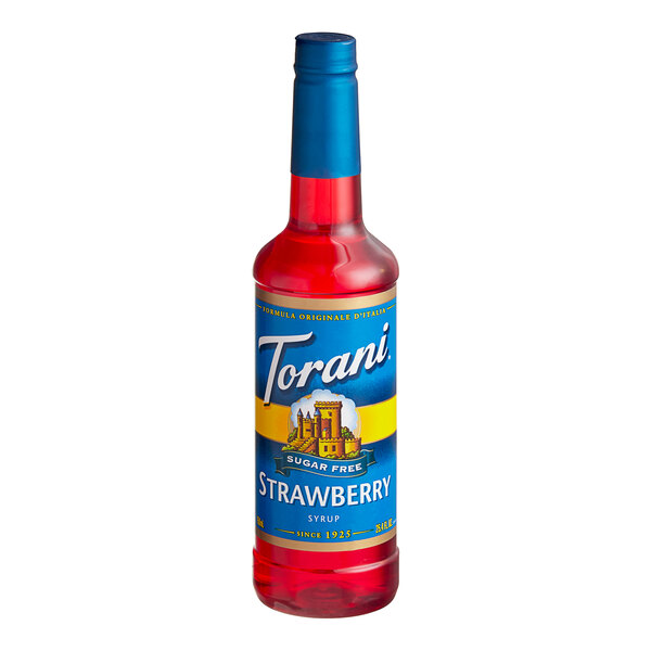 A Torani Sugar-Free Strawberry Flavoring Syrup plastic bottle with a red lid.