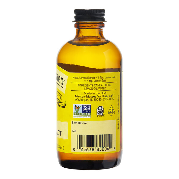 A close up of a Nielsen-Massey Pure Lemon Extract bottle with a yellow label.