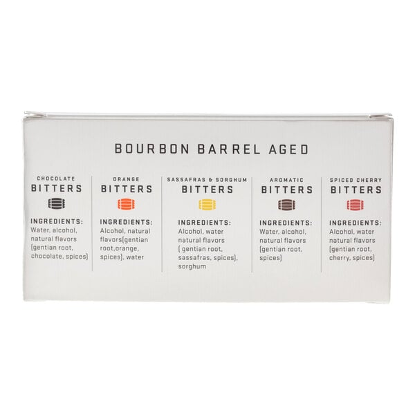 The image shows the back of a box labeled 'Bourbon Barrel Aged' with ingredient lists for five types of bitters: chocolate, orange, sassafras & sorghum, aromatic, and spiced cherry.