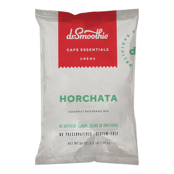 A white bag of Dr. Smoothie Cafe Essentials Horchata Beverage Mix with red and green text.