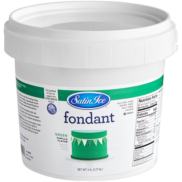 A white container of Satin Ice green rolled fondant with a label.