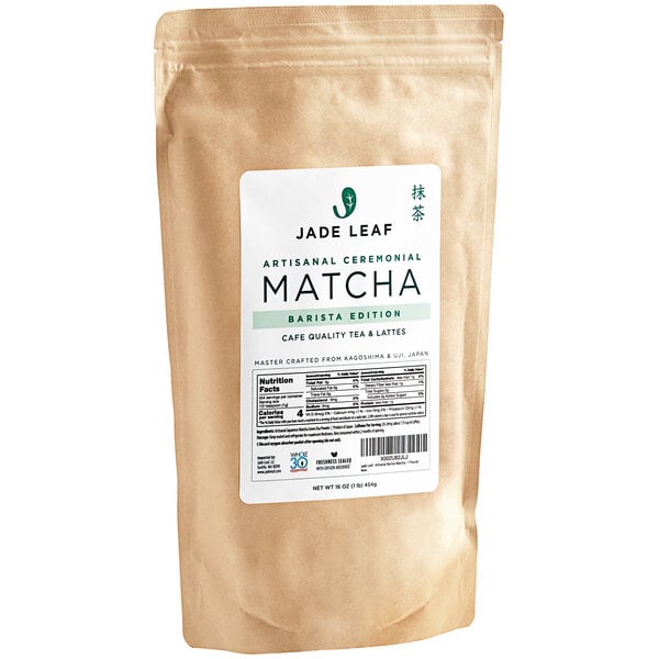 A white bag of Jade Leaf Ceremonial Barista Edition Matcha Powder.