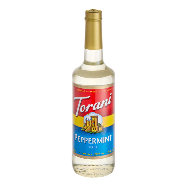 A Torani 750 mL plastic bottle of peppermint syrup with a label.