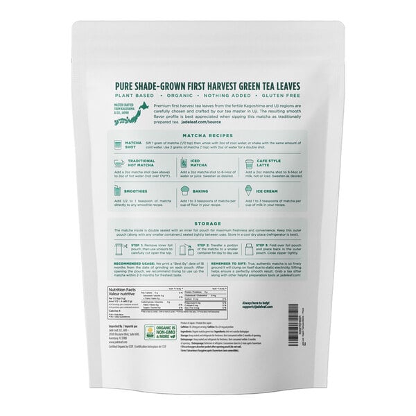 The image shows the back of a white resealable bag with green text, providing information about pure shade-grown first harvest green tea leaves, matcha recipes, storage instructions, and nutritional facts.