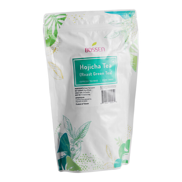 A bag of Bossen Hojicha (Roast Green Tea) espresso tea bags.