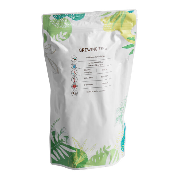 A resealable bag of Bossen Hojicha Green Ground Tea Bags with a leafy design and brewing tips on the back.