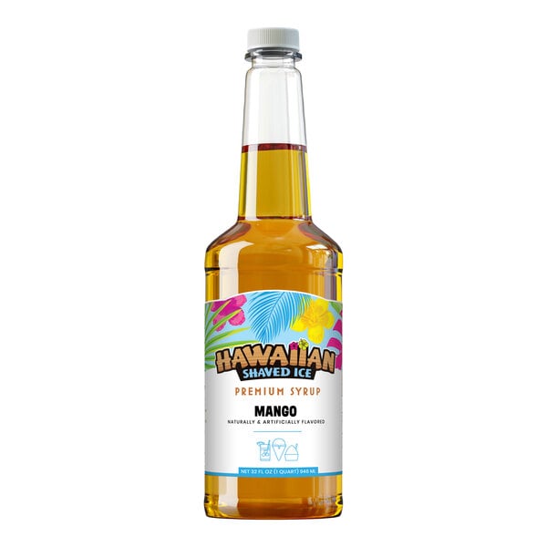 A 32 fl. oz. bottle of Hawaiian Shaved Ice Mango Premium Syrup for snow cones.