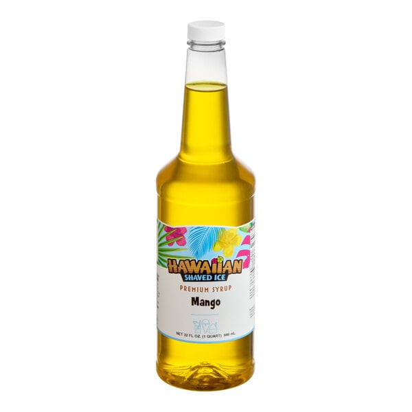 A 32 fl. oz. bottle of Hawaiian Shaved Ice Mango Premium Syrup.