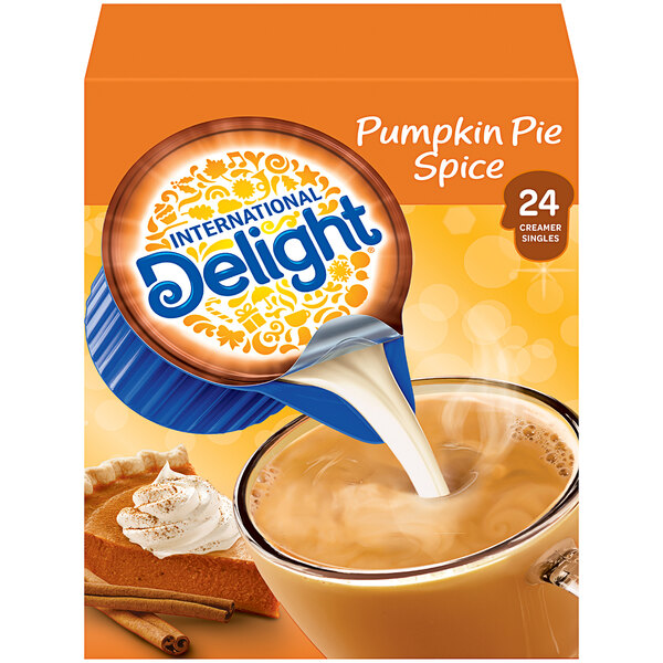 A package of International Delight Pumpkin Pie spice coffee creamer.