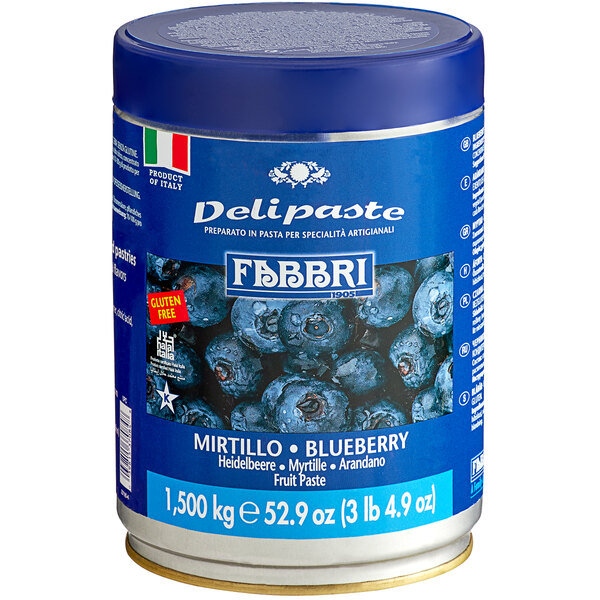 A blue and black Fabbri Delipaste container with blueberries on the label.