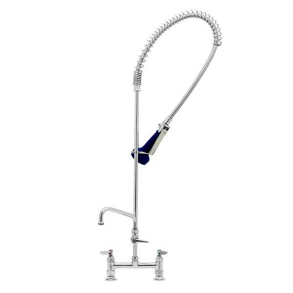 A chrome T&S pre-rinse faucet with a blue hose.