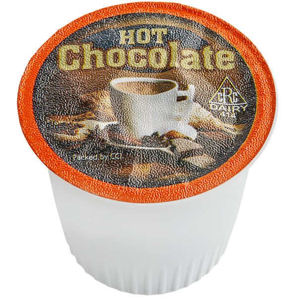 A white Caffe de Aroma hot chocolate single serve cup filled with hot chocolate.