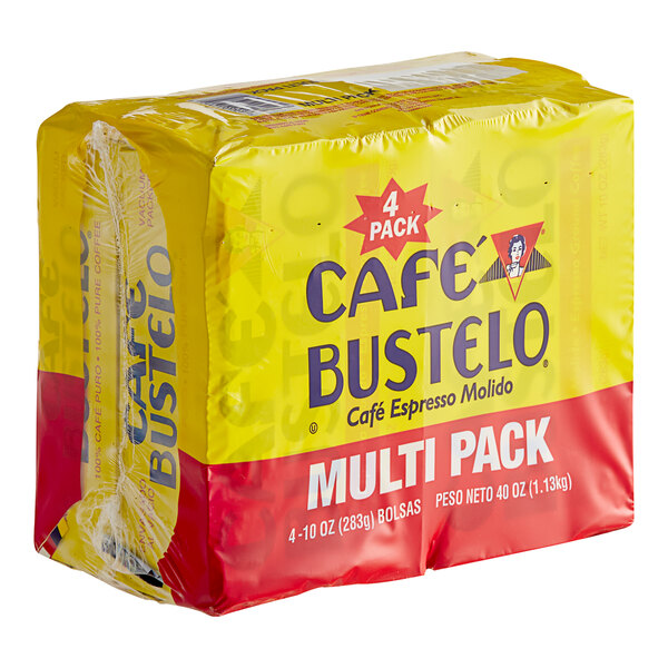 A white and yellow package of Cafe Bustelo Espresso Ground Coffee.