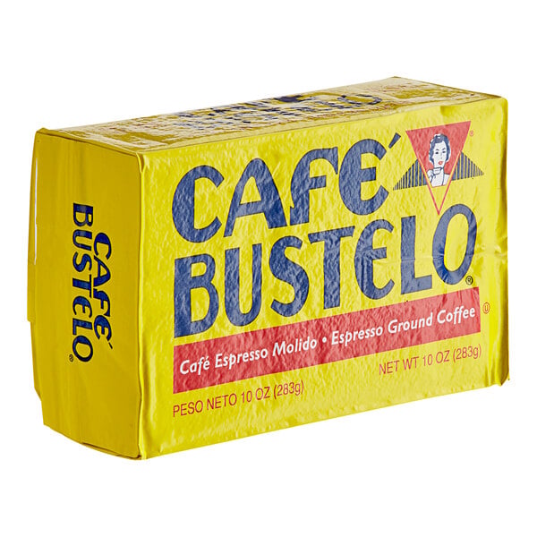 A yellow box of Cafe Bustelo espresso ground coffee bricks.