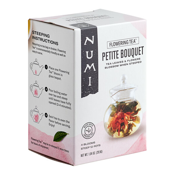 A white box of Numi Petite Bouquet Flowering Tea with 4 tea blossoms inside.