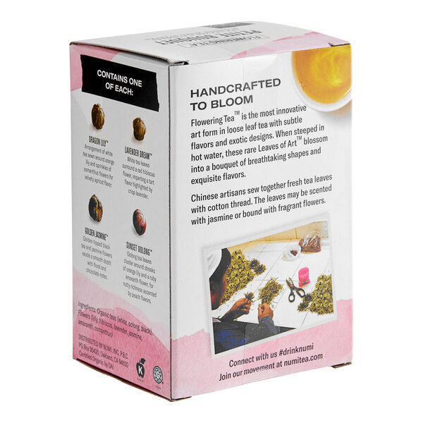 A box of Numi Petite Bouquet Flowering Tea with pictures of tea blossoms on it.