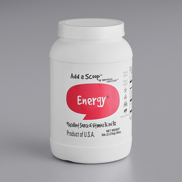 A white plastic container of Add A Scoop Energy Blend supplement powder with a red label.