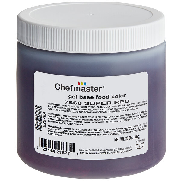 A plastic container of Chefmaster Super Red Gel Food Coloring with a white lid.