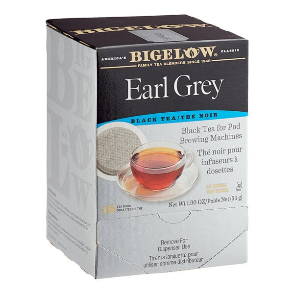 A box of Bigelow Earl Grey black tea pods for brewing machines, featuring an image of a tea cup and a tea pod on the front.