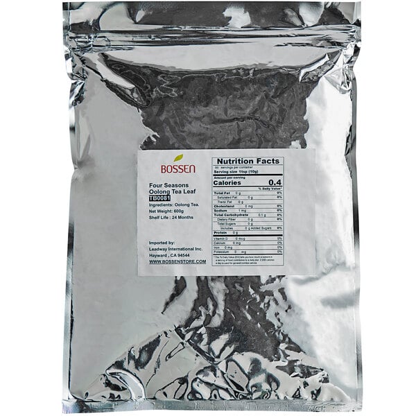 A bag of Bossen Four Seasons Oolong loose leaf tea with a label.